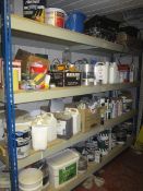 Assorted stock including eggshell and high gloss paint, Evans E-pine disinfectant, liquid proof