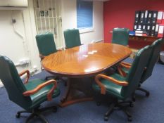 Darkwood effect oval meeting table, 6 x leatherette meeting chairs, darkwood effect 2 drawer side