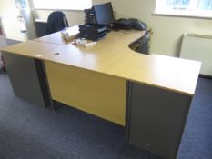 Lightwood effect corner workstation, 3 x 3 drawer pedestals, 2 x low level storage cupboards,