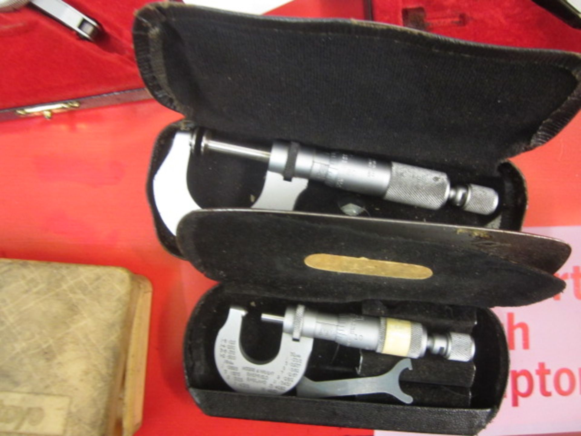 Three Mitutoyo micrometers including flange micrometer and two dial test indicators - Image 2 of 3