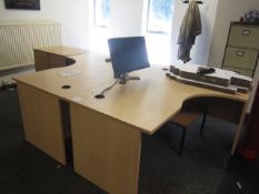Two light oak effect L shape office desks, two light oak effect 3-drawer pedestal units