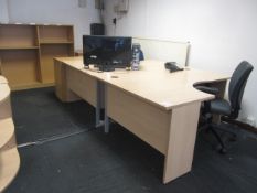 Two light oak effect L shape office desks, light oak effect 3-drawer pedestal, light oak effect 2-