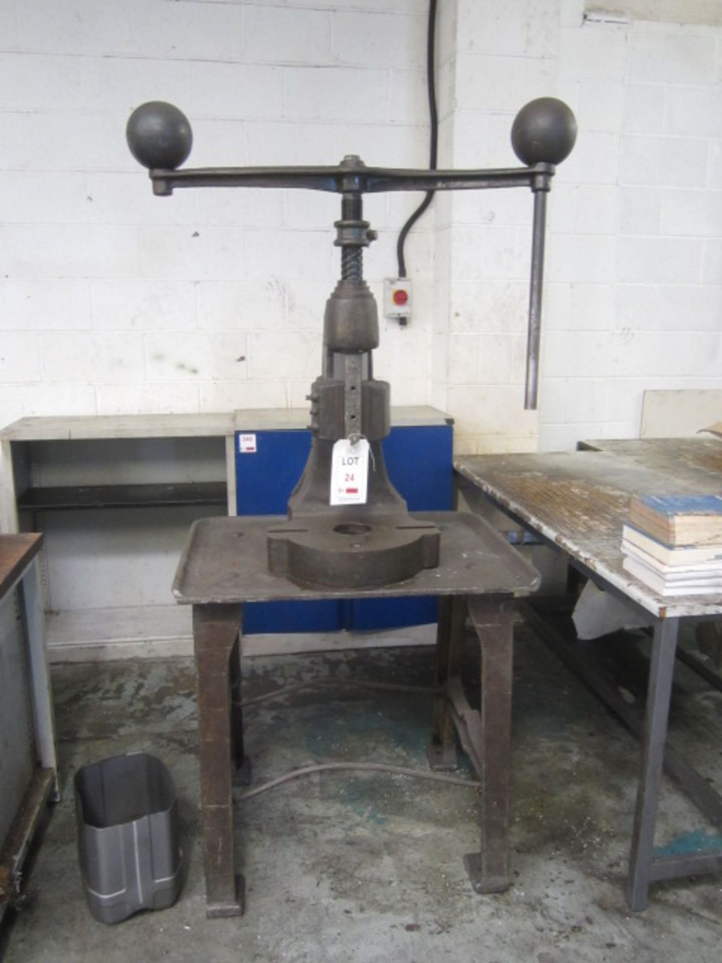 Denbigh No 6 hand screw flypress, on stand