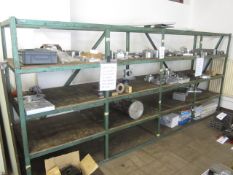 Steel frame 4 shelf fixed rack (approx 4m in length) and assorted scrap metal contents