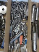 Box of assorted HSS tooling to include various drill bits, end mills, reamers, etc.