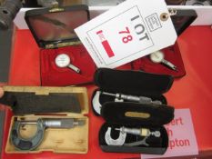 Three Mitutoyo micrometers including flange micrometer and two dial test indicators
