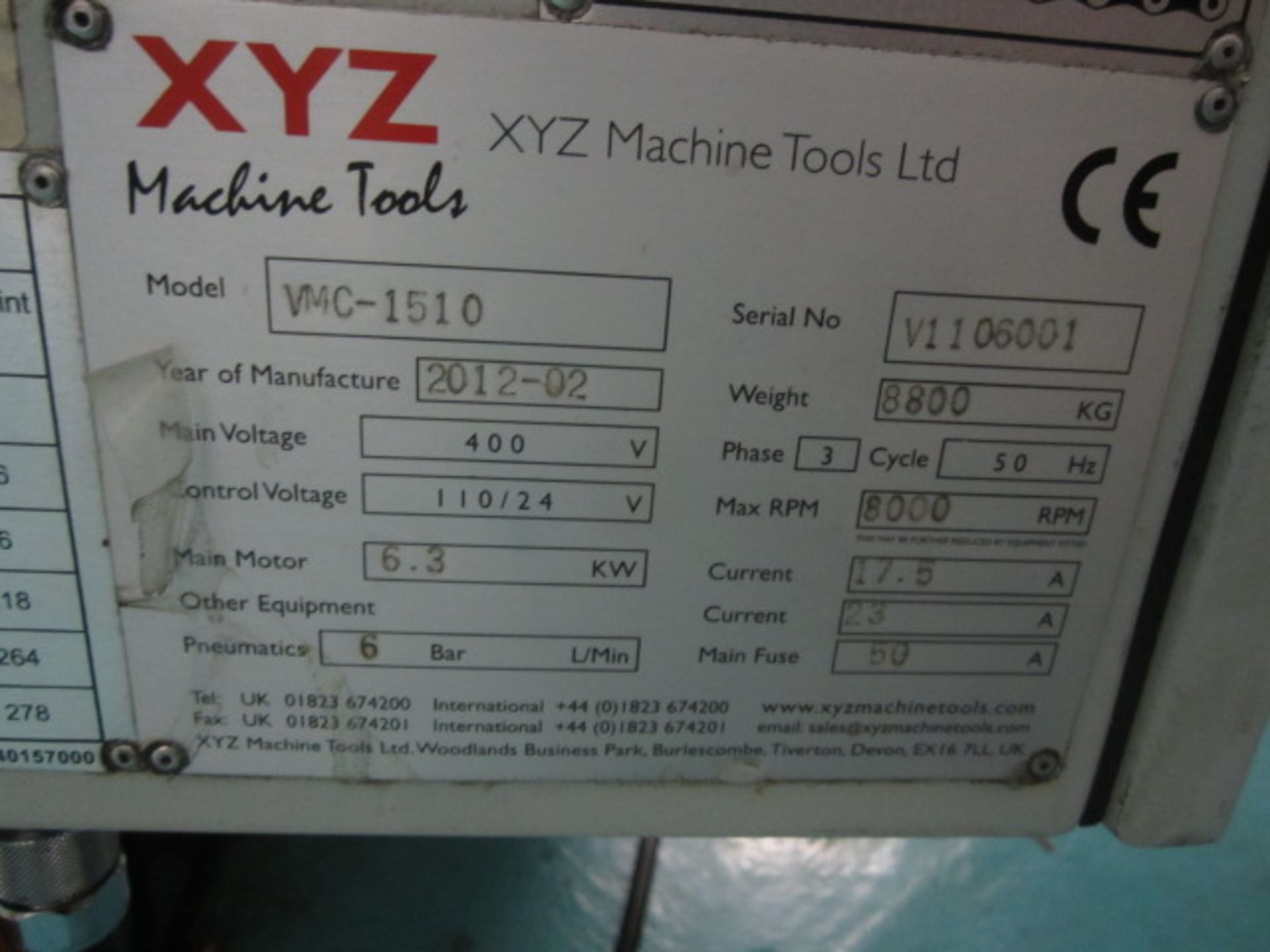 XYZ 1500 VMC-1510 CNC vertical machining centre, serial no: V11060001 (2012), Siemens Sinumerik 828D - Image 4 of 11