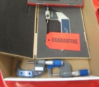 Box and contents including assorted out of commission micrometers (spares only)