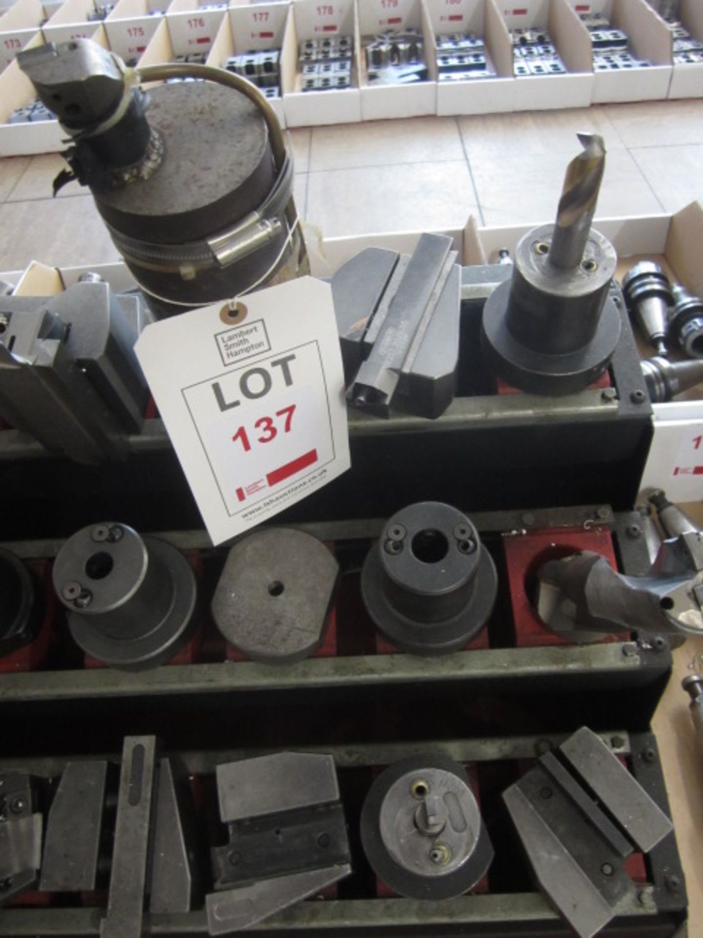 Hss Hardware Rack Tool rack and contents to include assorted HSS tool holders and tooling ...