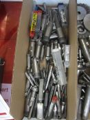 Box of assorted HSS tooling to include drill bits, cutters, borers, end mills, etc.
