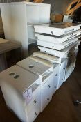Four white laminate treatment/nail workstations, 4 table tops, 6 pedestal units with drawers