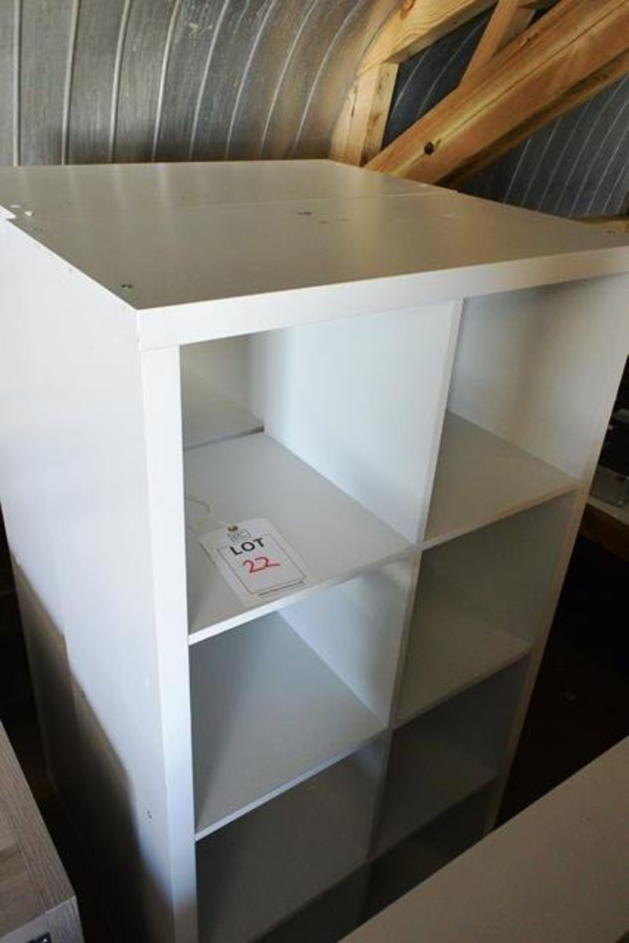 Two white laminate, 8 shelf storage units