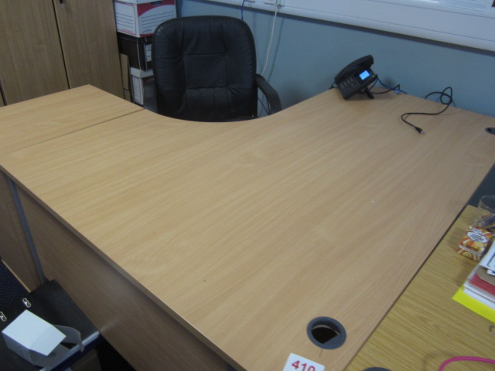 Wood effect corner workstation, 3 drawer unit, leatherette chair. Located at main schoolPlease note: