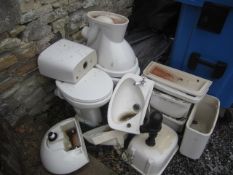 Assorted ceramic sinks, toilet pans, cisterns etc. Located at main schoolPlease note: This lot,