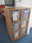 Wood effect unit and storage bins with contents to include 2D/3D shapes, clocks, peg boards etc.