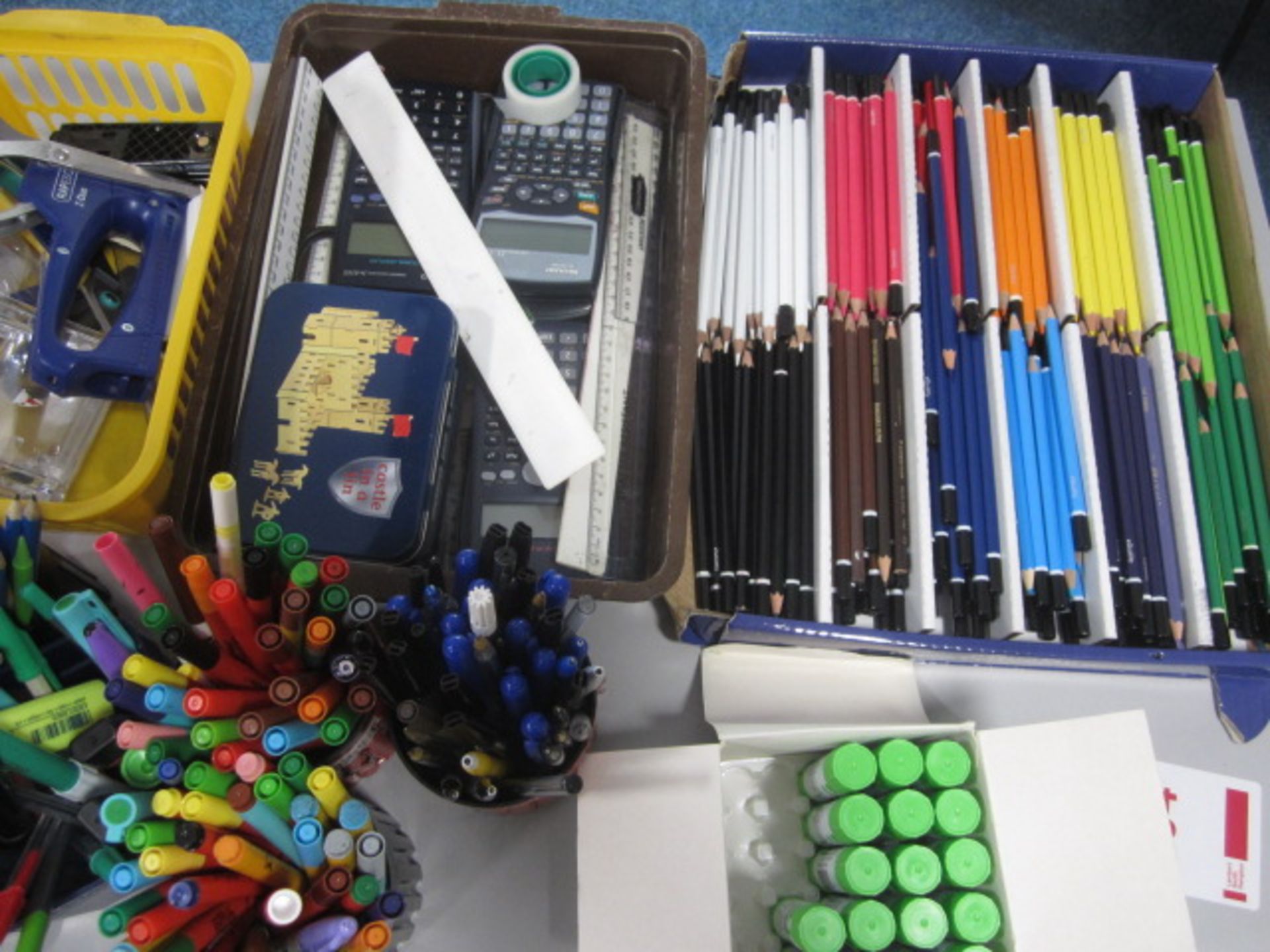 Assorted sundries including coloured pencils, pens, glue sticks, record cards, school exercise - Image 4 of 5