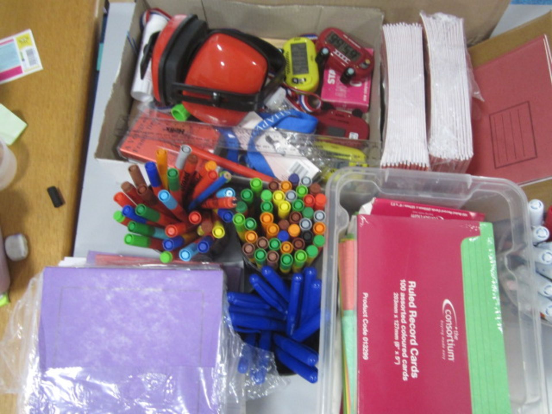 Assorted sundries including coloured pencils, pens, glue sticks, record cards, school exercise - Image 2 of 5