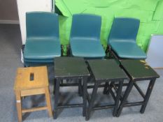 8 x assorted plastic stacking chairs, 4 x wood stools. Located at main schoolPlease note: This