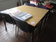 3 x lightwood effect top tables, 6 x upholstered chairs. Located at 6th form premisesPlease note: