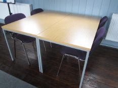 2 x metal frame lightwood effect tables with 4 x upholstered chairs. Located at 6th form