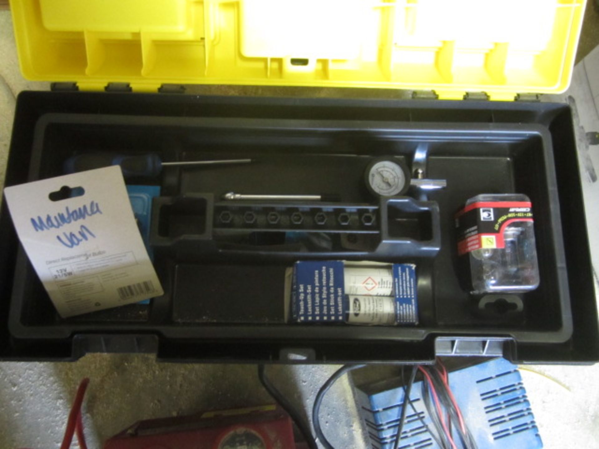 2 x various battery chargers, tool box with contents including bulbs, tyre gauge, etc. Located at - Image 2 of 3