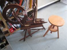 Yarn spinning wheel and stool - in need of repair. Located at Church FarmPlease note: This lot,