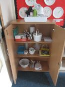 Cupboard and storage unit to include contents including lamps, pestle & mortars, sieves, ticker