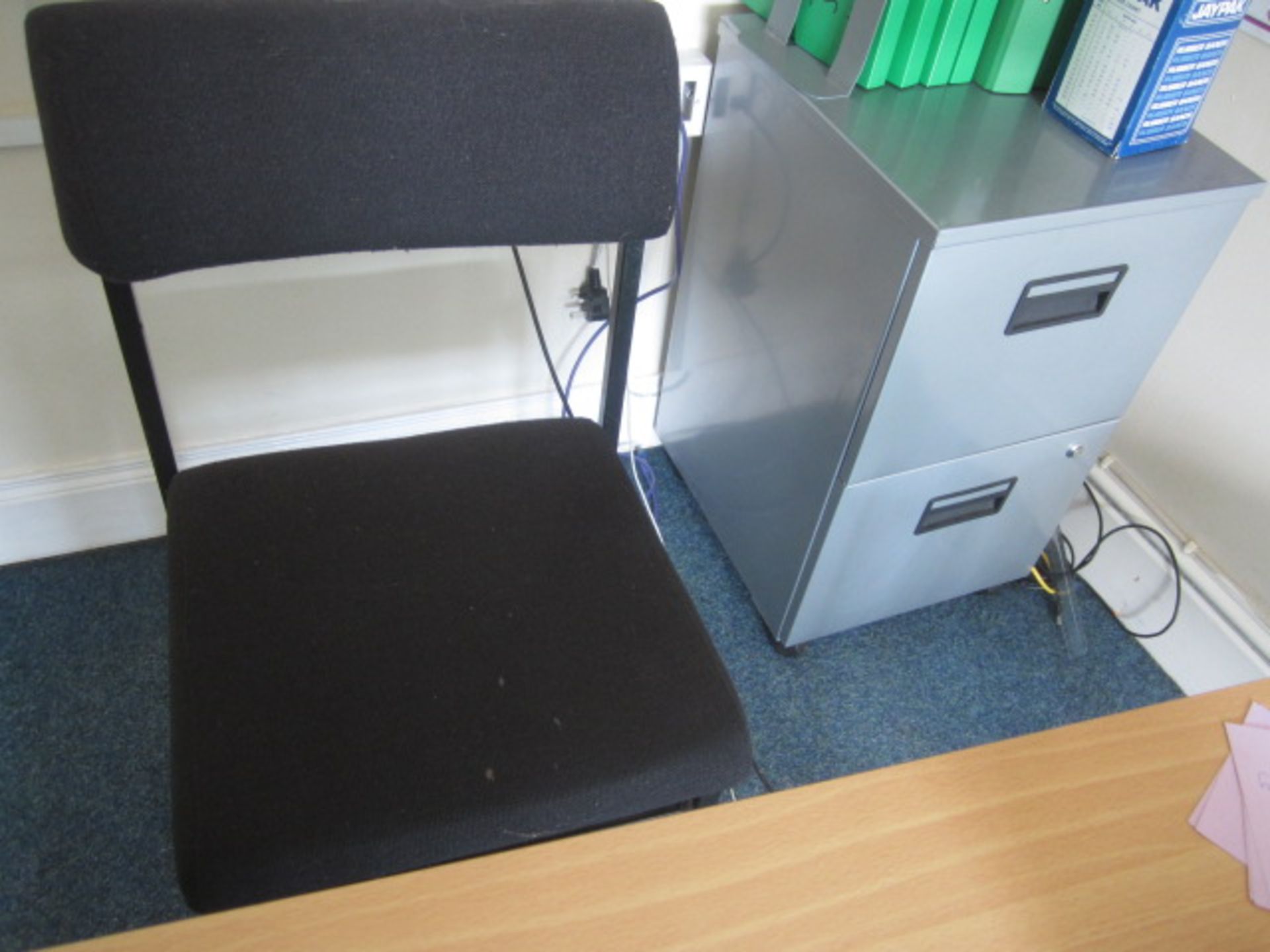 5 x assorted tables, metal 2 drawer filing cabinet, stool, 6 x plastic chairs, upholstered chair. - Image 2 of 3