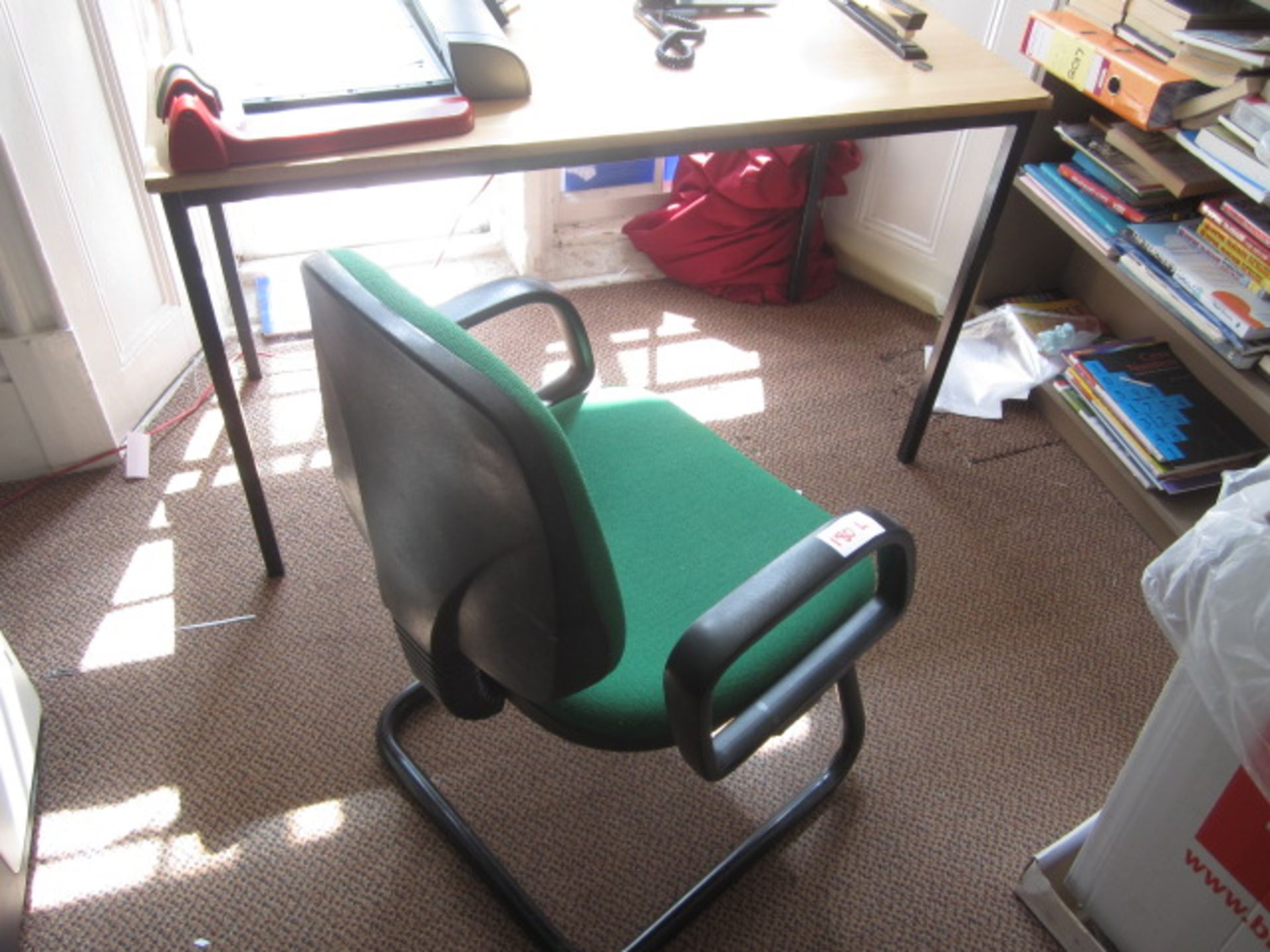 Wood effect top table, upholstered chair, 4 shelf bookcase. Located at main school