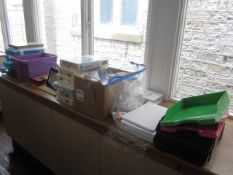 Miscellaneous lot including A4 colour paper, school exercise books, calculators, desk trays,