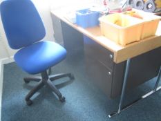 Wood effect desk, upholstered chair, 2 drawer filing cabinet, 2 x bookcases. Located at main