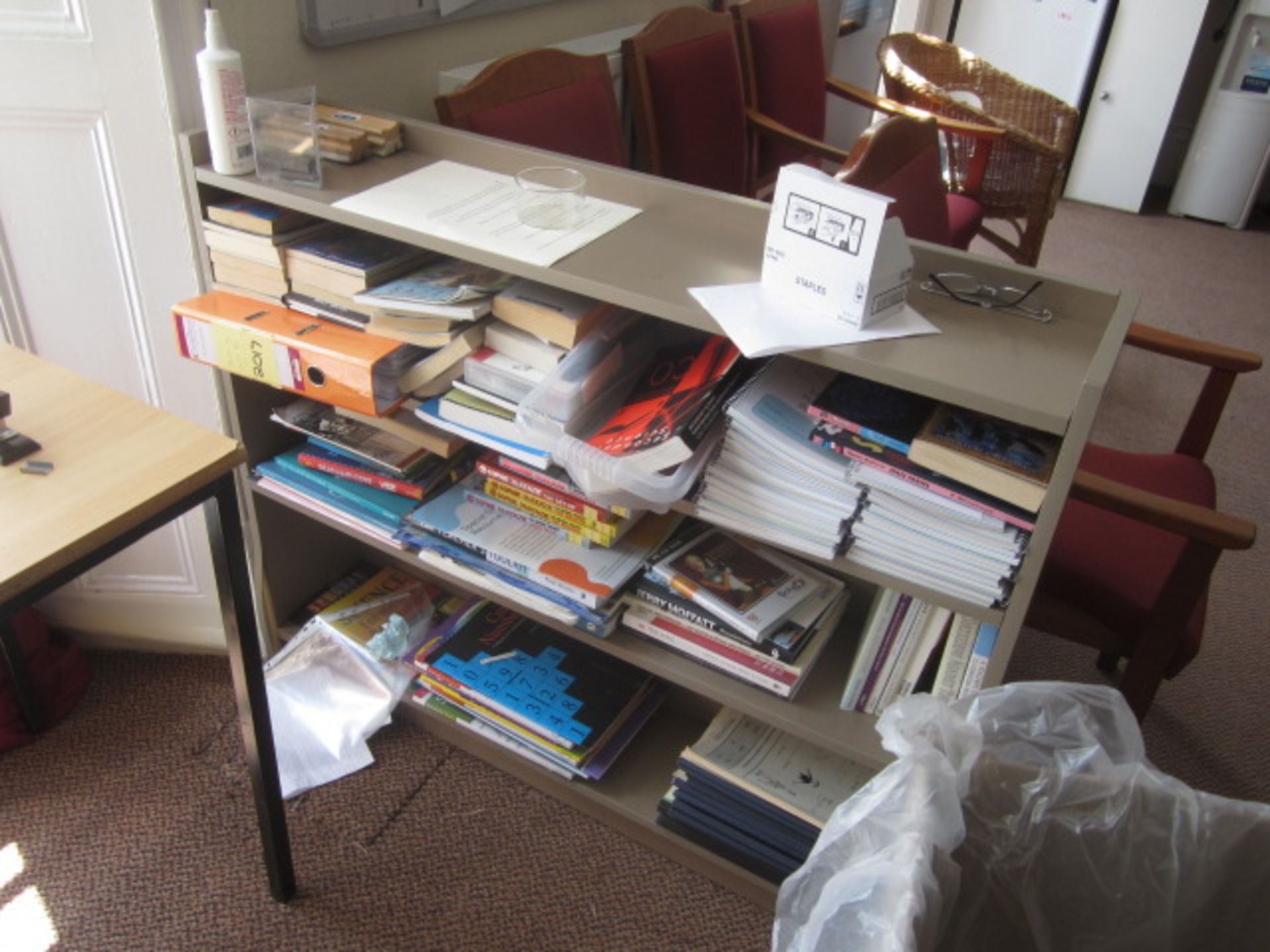 Wood effect top table, upholstered chair, 4 shelf bookcase. Located at main school - Image 2 of 2