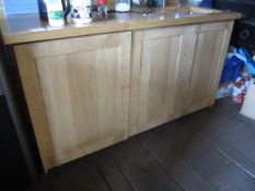Oak effect freestanding kitchen unit with integrated fridge, stainless steel sink, taps, splash