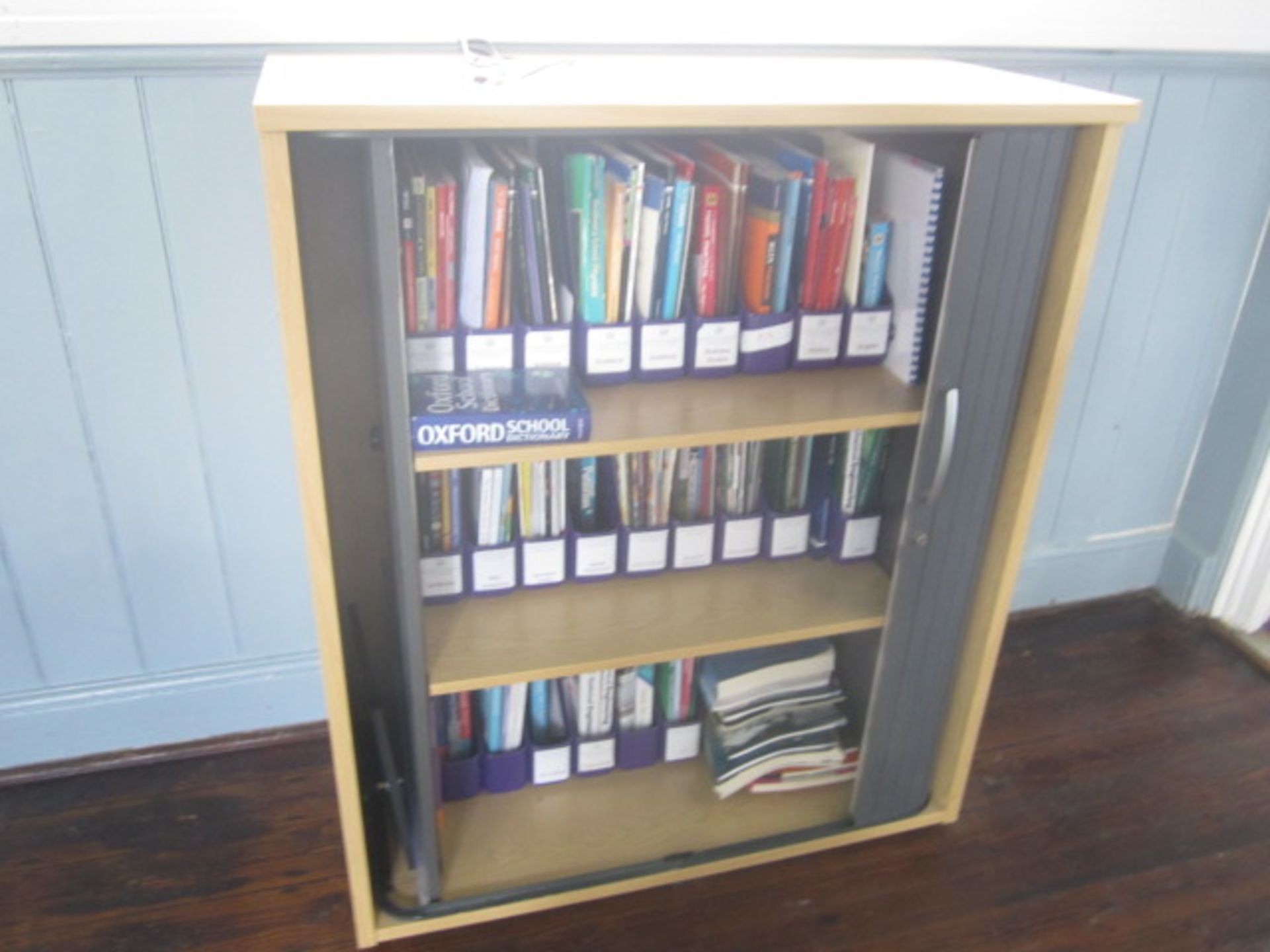 Lightwood effect storage unit and half height storage unit with contents including headsets, - Image 2 of 4