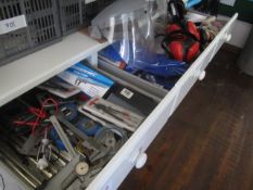 3 x contents of drawer including callipers, metal rulers, compasses, tape measures, ear defenders,