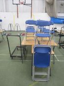 10 x wood effect folding exam tables, 11 x folding chairs, chair stacking trolley. Located at main