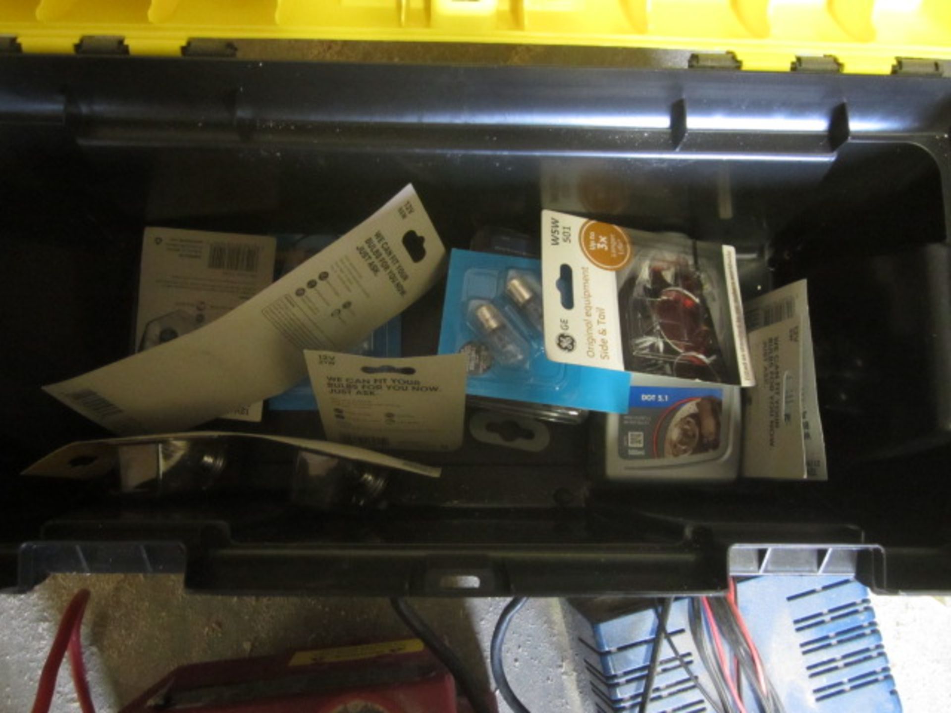 2 x various battery chargers, tool box with contents including bulbs, tyre gauge, etc. Located at - Image 3 of 3