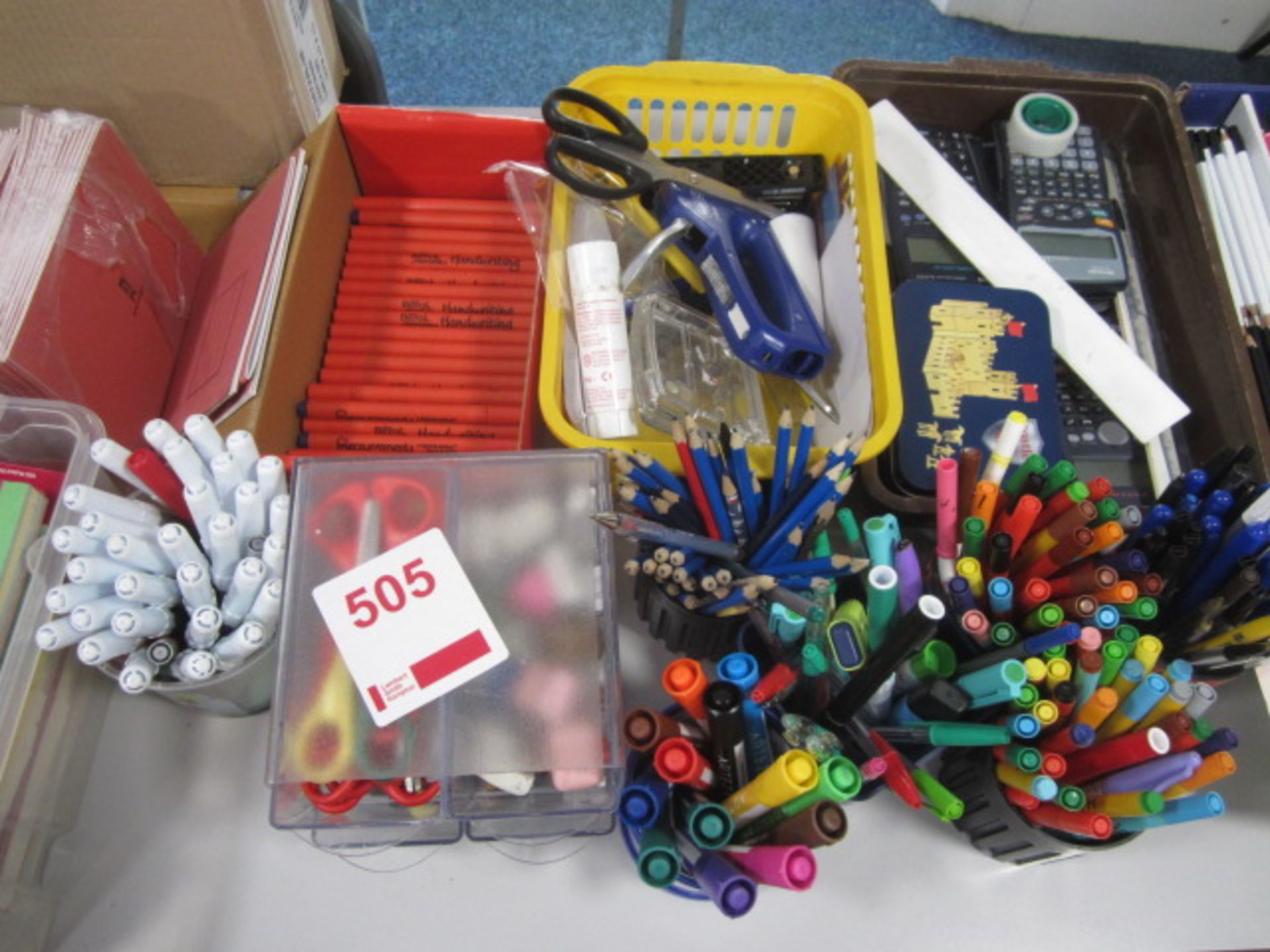 Assorted sundries including coloured pencils, pens, glue sticks, record cards, school exercise - Image 3 of 5