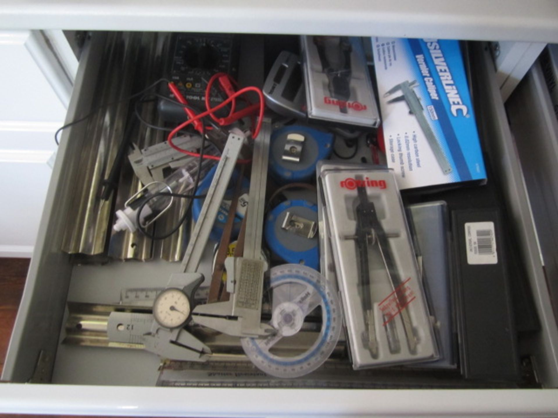 3 x contents of drawer including callipers, metal rulers, compasses, tape measures, ear defenders, - Image 2 of 4