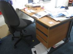 Wood effect double pedestal desk, upholstered chair. Located at Church FarmPlease note: This lot,