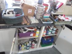 Quantity of assorted artist acrylic paints, brushes, ink spreaders, watercolour paper, rollers,