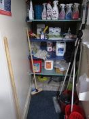 Remaining loose contents of cleaners cupboard including 2 x mop buckets, mop handles, mop heads,