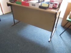 Single pedestal desk, pedestal unit, metal 2 drawer filing cabinet, 3 x assorted chairs. Located