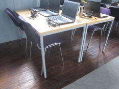 2 x metal frame lightwood effect tables with 4 x upholstered chairs. Located at 6th form