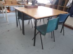 3 x wood effect top tables, 4 x plastic chairs. Located at Church FarmPlease note: This lot, for VAT