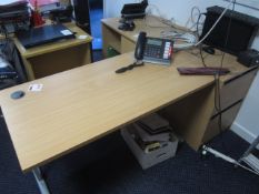 Lightwood effect desk, 2 drawer pedestal, low level storage cupboard, mobile 2 shelf unit. Located