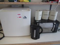 Igloo counter top fridge, Russel Hobbs microwave, kettle, storage tins. Located at 6th form