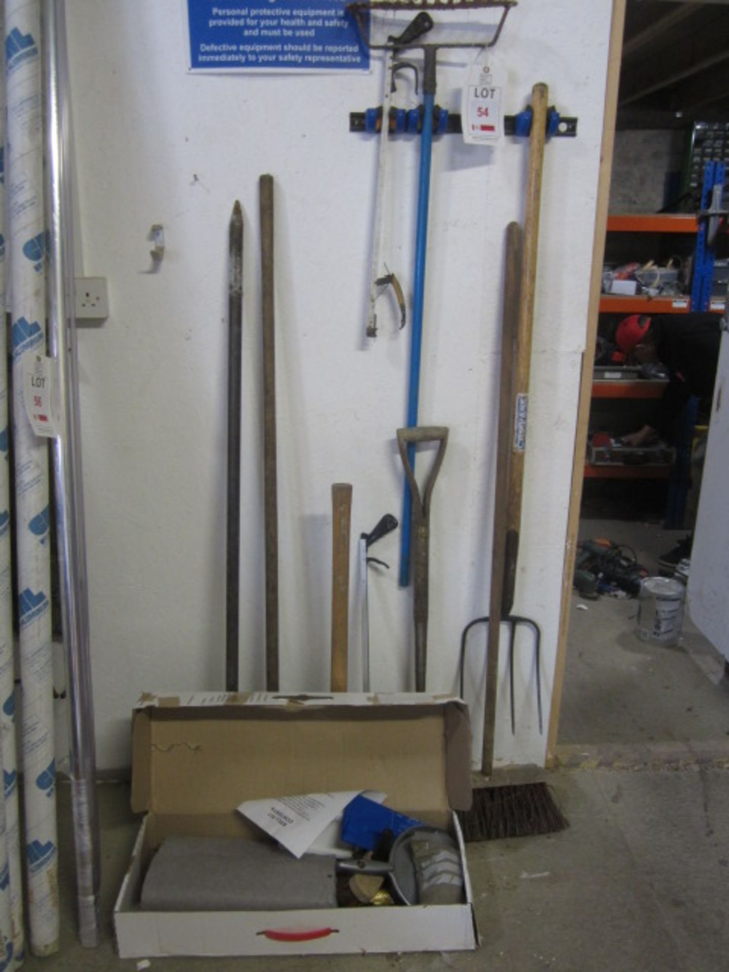 Assorted tools including forks, hoe, sledge hammer, trowels, shovel, rake, loppers, saws, spill kit. - Image 2 of 2