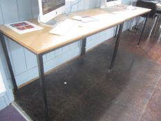 2 x metal frame lightwood effect tables with 4 x upholstered chairs. Located at 6th form