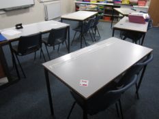 6 x grey melamine top tables, 12 x plastic chairs. Located at Church FarmPlease note: This lot,